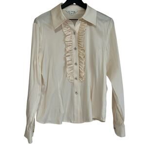 VTG St John Silk Ruffle Button Down Blouse Cream 10 Swarovski Crystal Luxury